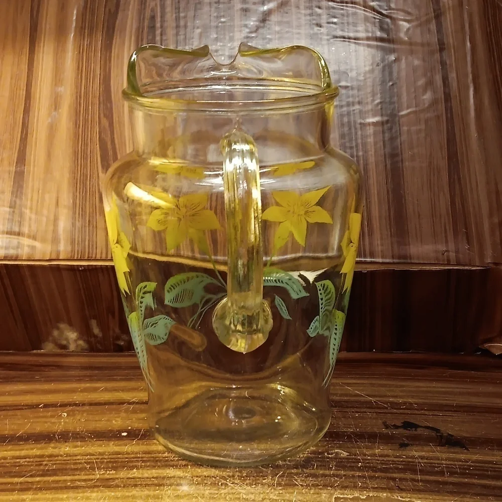 Vintage mcm farmhouse shabby chic glass tea pitcher yellow flowers